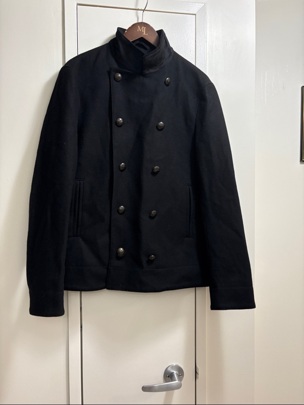 John Varvatos Men's Black Double-Breasted Peacoat Jacket